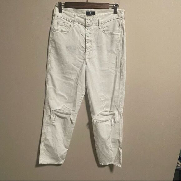 7 For All Mankind High Waist Cropped White Straight Button Fly Jean Size 28 - Picture 3 of 13